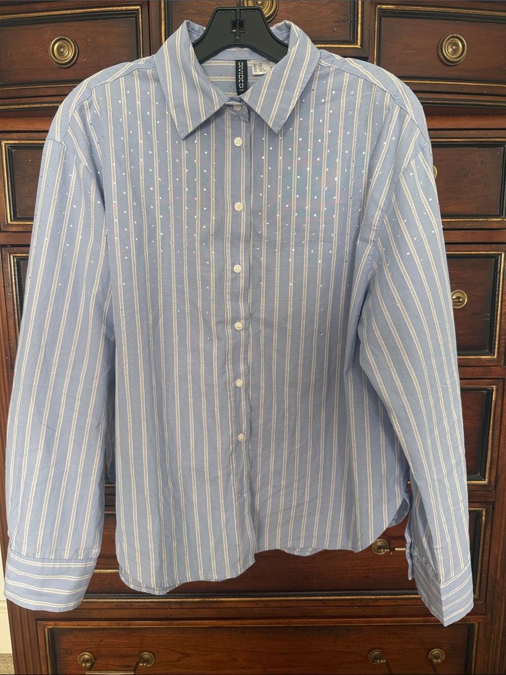 Embellished Light Blue & White Striped Button-Up Blouse